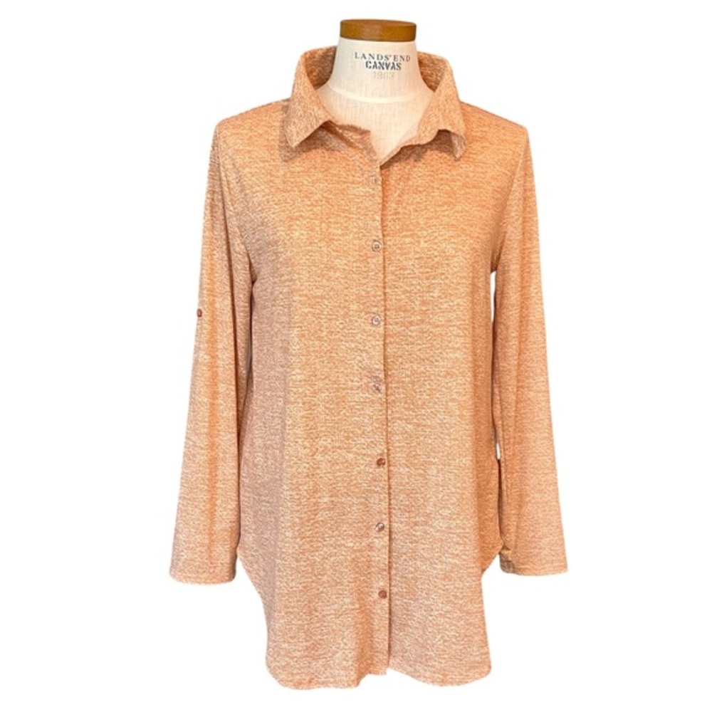 Lularoe SzM Orange Valentina Collared Round Hem Long Tab Sleeve Button-up Shirt